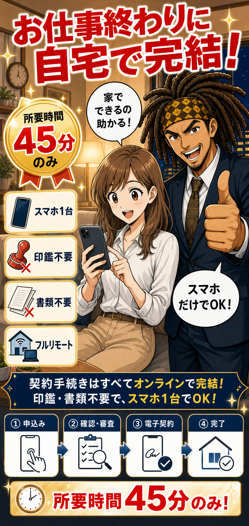 お仕事終わりに自宅で完結。所要時間45分のみ、スマホ1台、印鑑不要、書類不要、フルリモートで契約手続きができる漫画