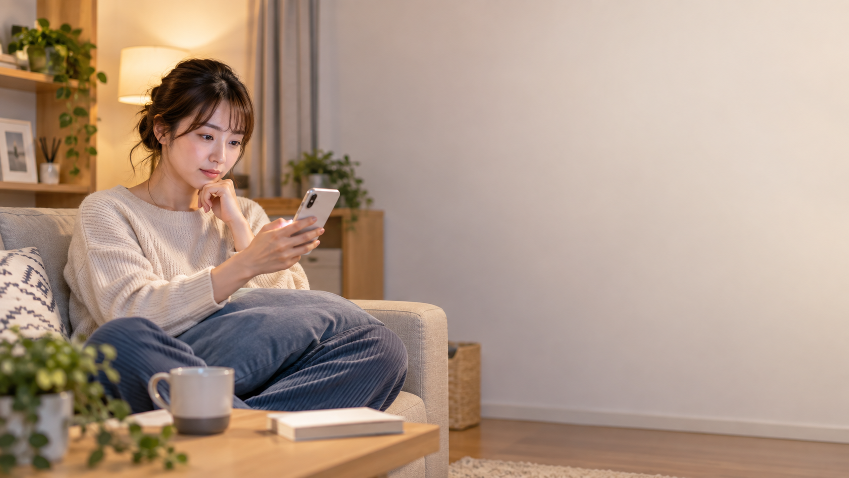 自宅でスマートフォンを操作し、物件を探す女性
